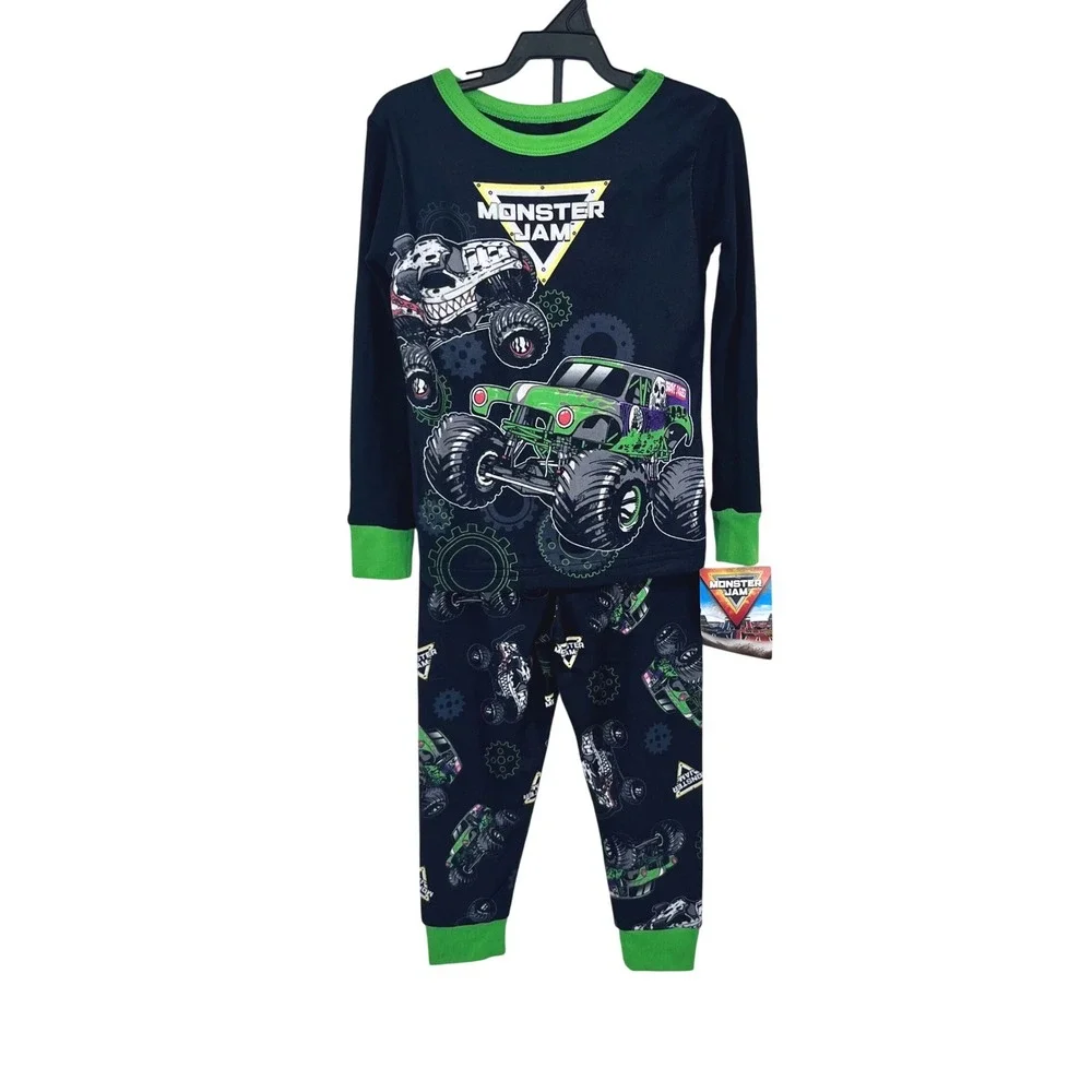 Monster Truck Pajama Set Boys Size 6 Black Green Grave Digger Max-D Graphic 2PC